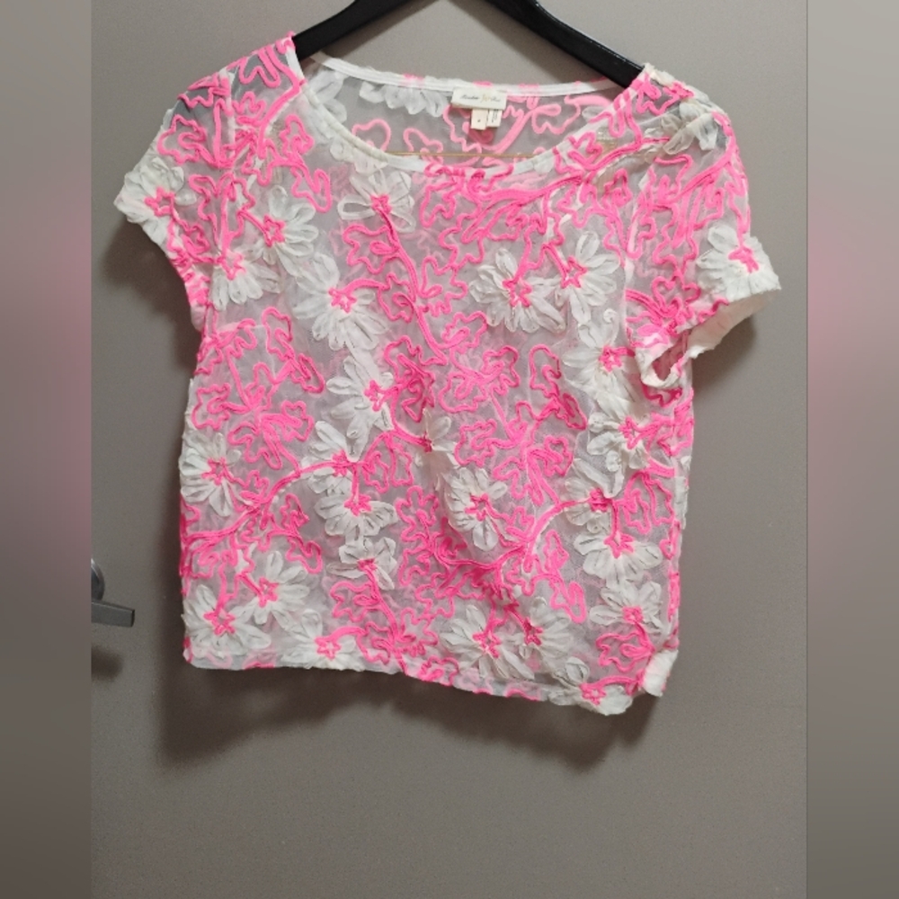 Anthropologie Neon Pink and White Lace Blouse